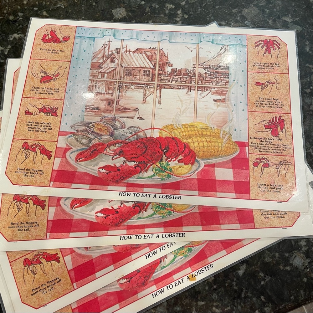 4 HOW TO EAT A LOBSTER Vintage Laminated Plastic Placemats
